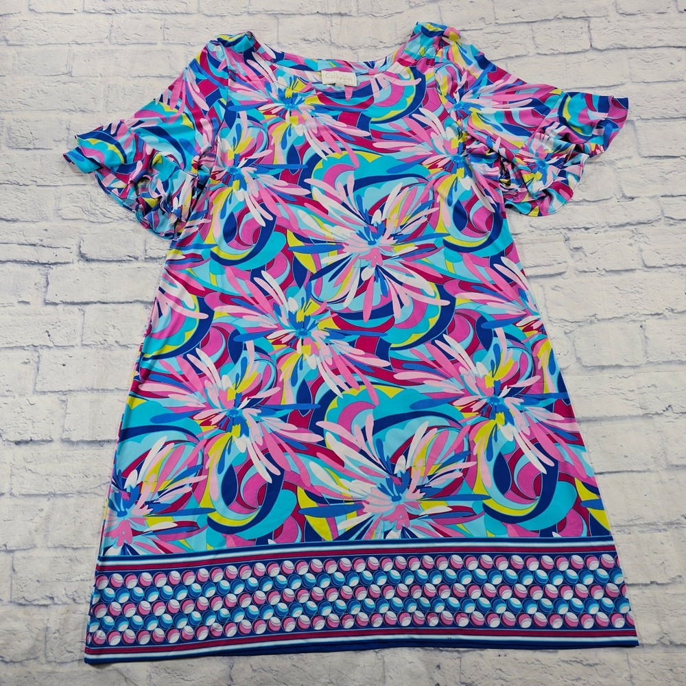 Pappagallo Shift Dress Women 2X Multicolor Floral Ruffle Sleeve Retro Mod 60s